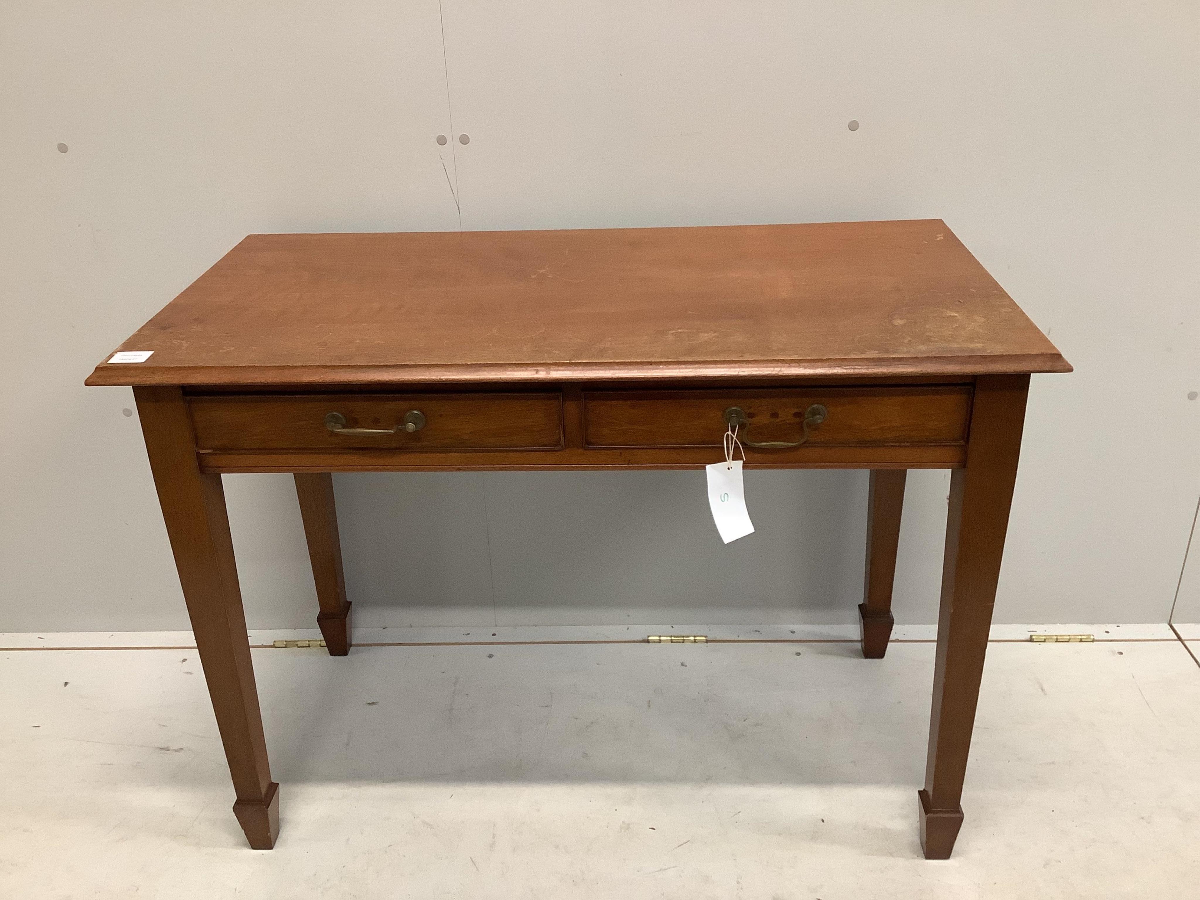 A George III style mahogany side table with two frieze drawers with swan neck brass handles and square tapered legs with spade feet, width 105cm, depth 52cm, height 76cm. Condition - poor to fair